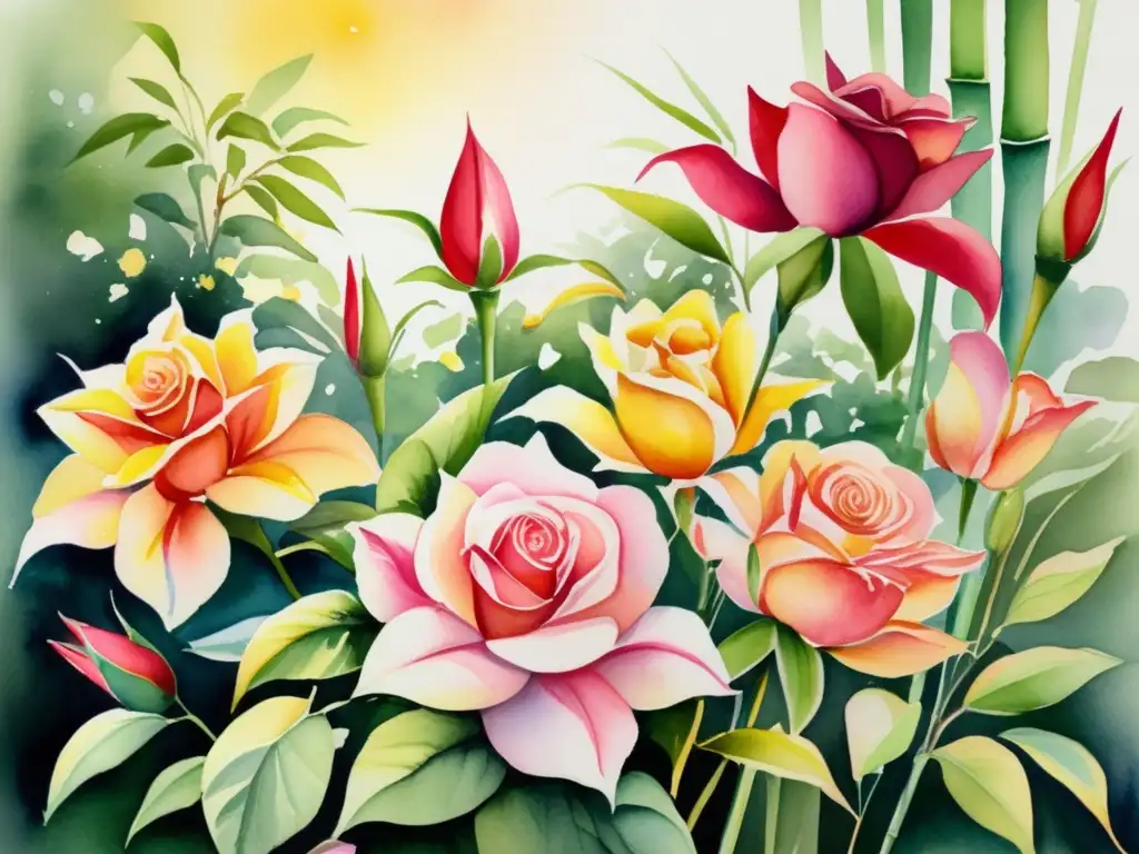 Pintura acuarela con jardín de rosas, lirios y bambú, resaltando detalles y belleza natural