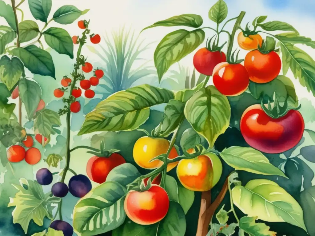 Jardín vibrante con plantas Solanáceas Ilustración acuarela de jardín con plantas solanáceas: características, usos y peligros