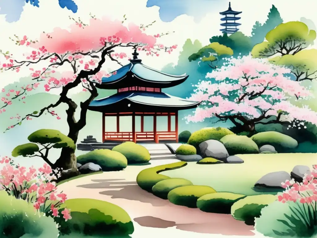 Jardín de té japonés en flor, con árbol de cerezo y ceremonia del té