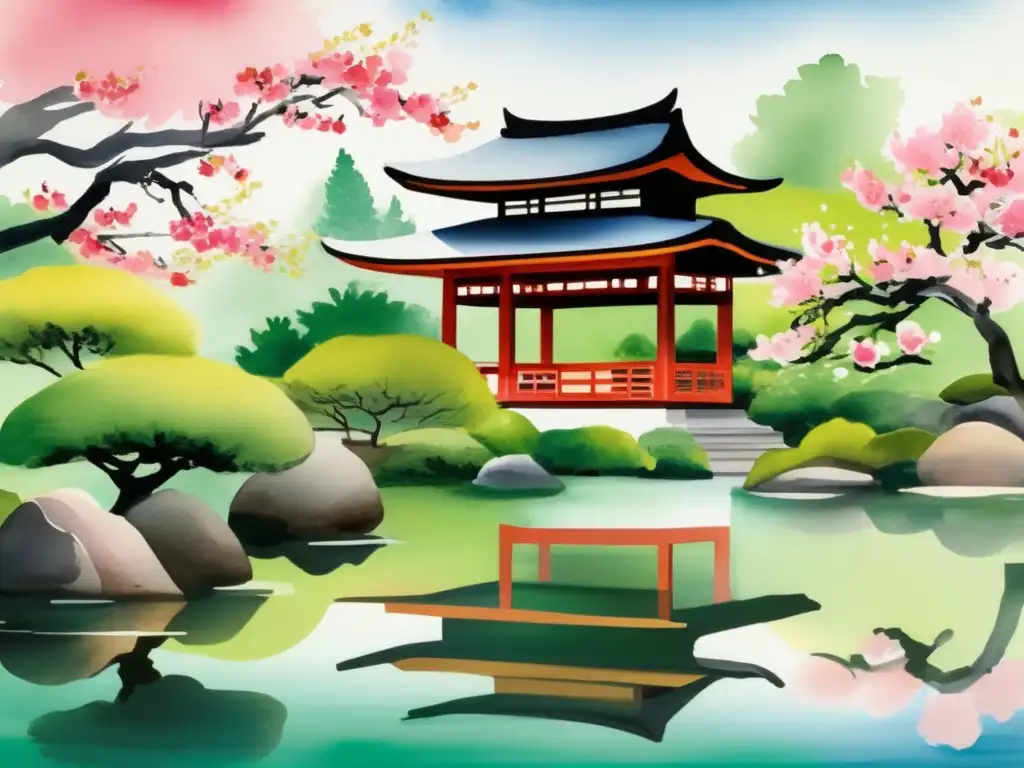 Jardín de té japonés en floración, con beneficios del té en la cultura japonesa