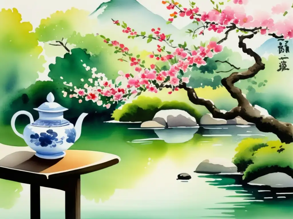 Pintura acuarela de jardín de té japonés: ikebana, belleza efímera y armonía en la naturaleza - Significado plantas arte oriental