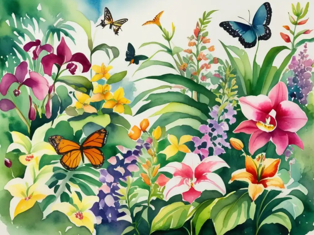 Pintura acuarela de un jardín exuberante con plantas ornamentales