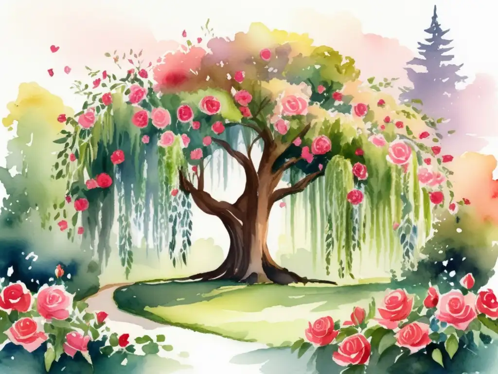 Jardín de rosas, árbol de vida y sauce llorón en acuarela, evocando amor, pasión y espiritualidad