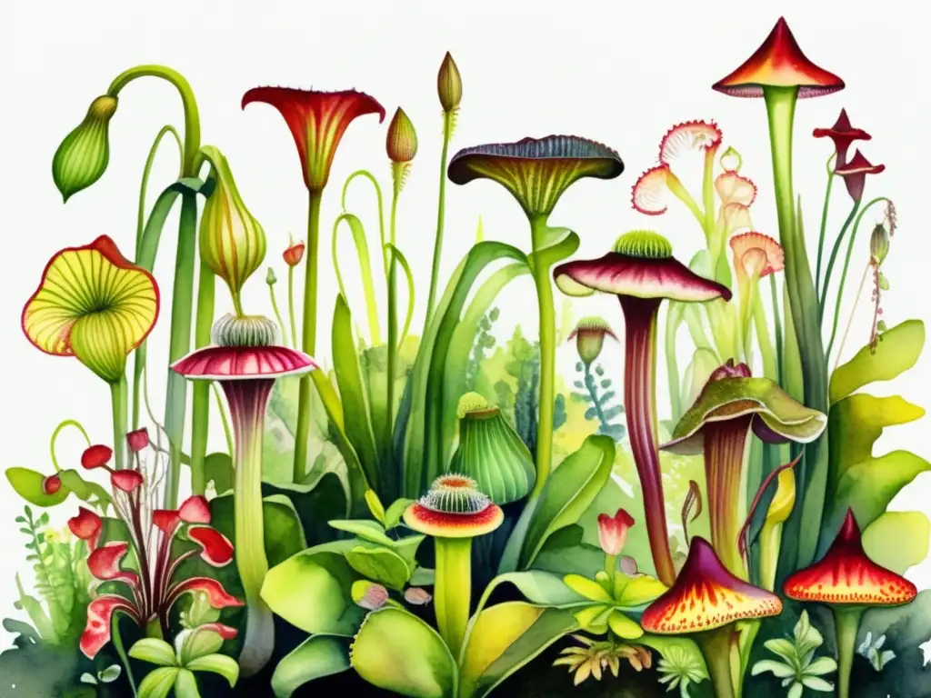 Jardín exótico de plantas carnívoras Mejores plantas carnívoras para jardines: Exuberante acuarela detallada de un jardín lleno de plantas carnívoras vibrantes y exóticas