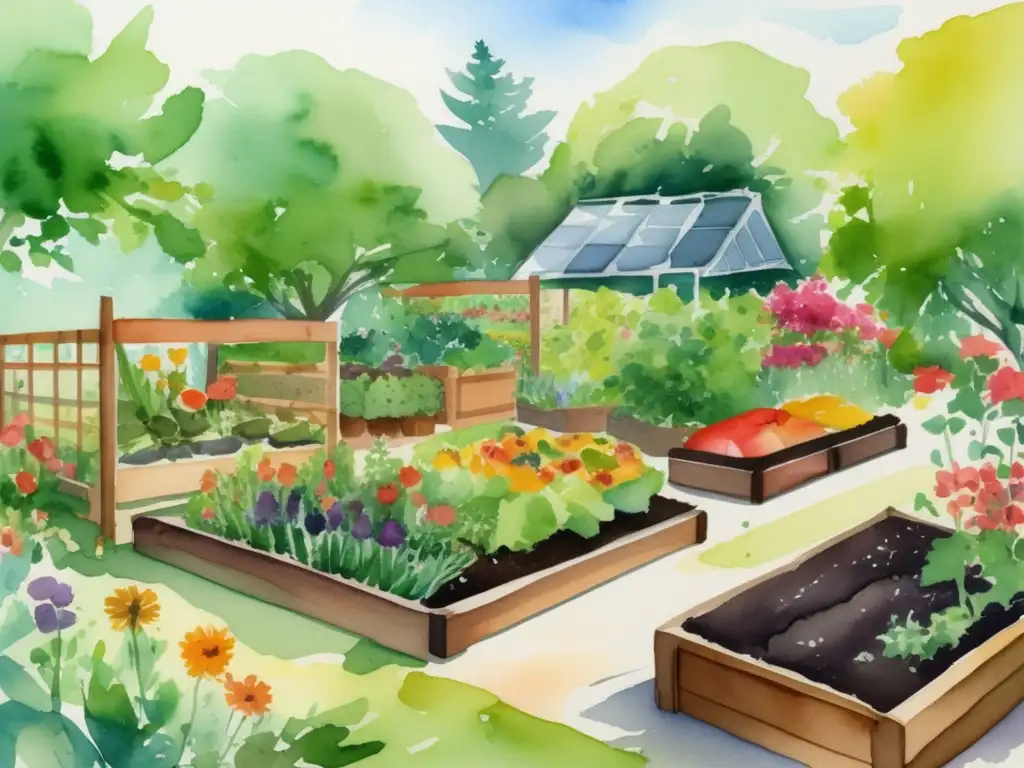 Beneficios del compostaje en jardinería moderna: imagen detallada de un exuberante jardín con flores vibrantes, árboles altos y vegetación saludable