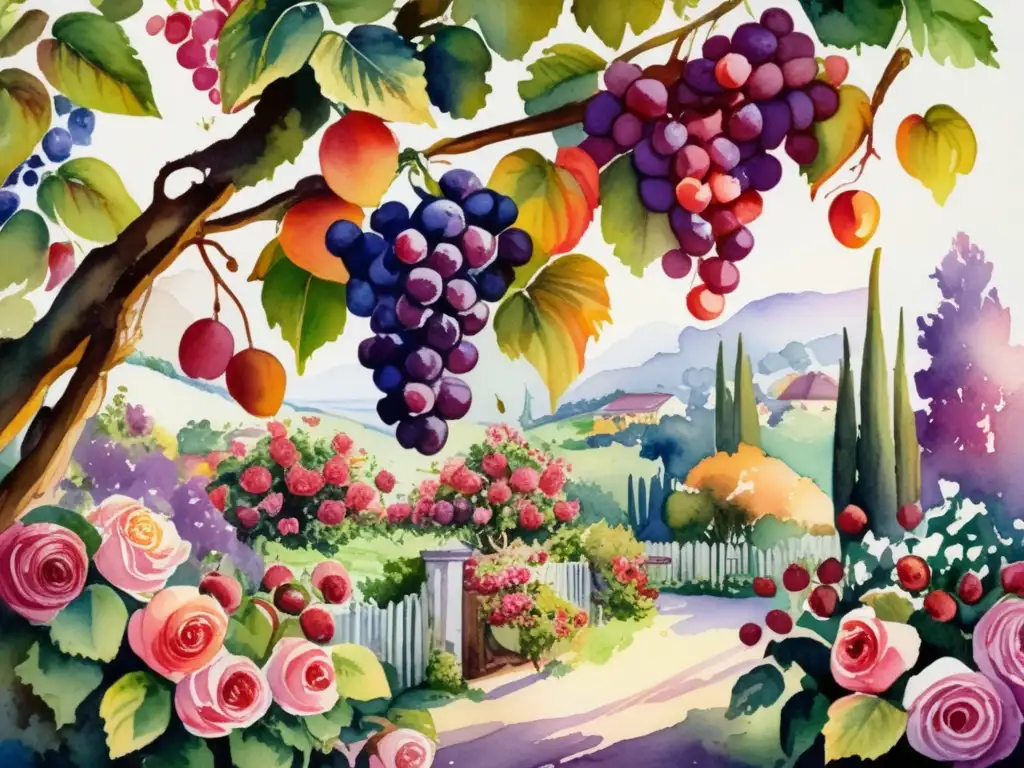 Importancia histórica de flores y frutas en pintura: jardín vívido de colores, frutas, flores y mariposas