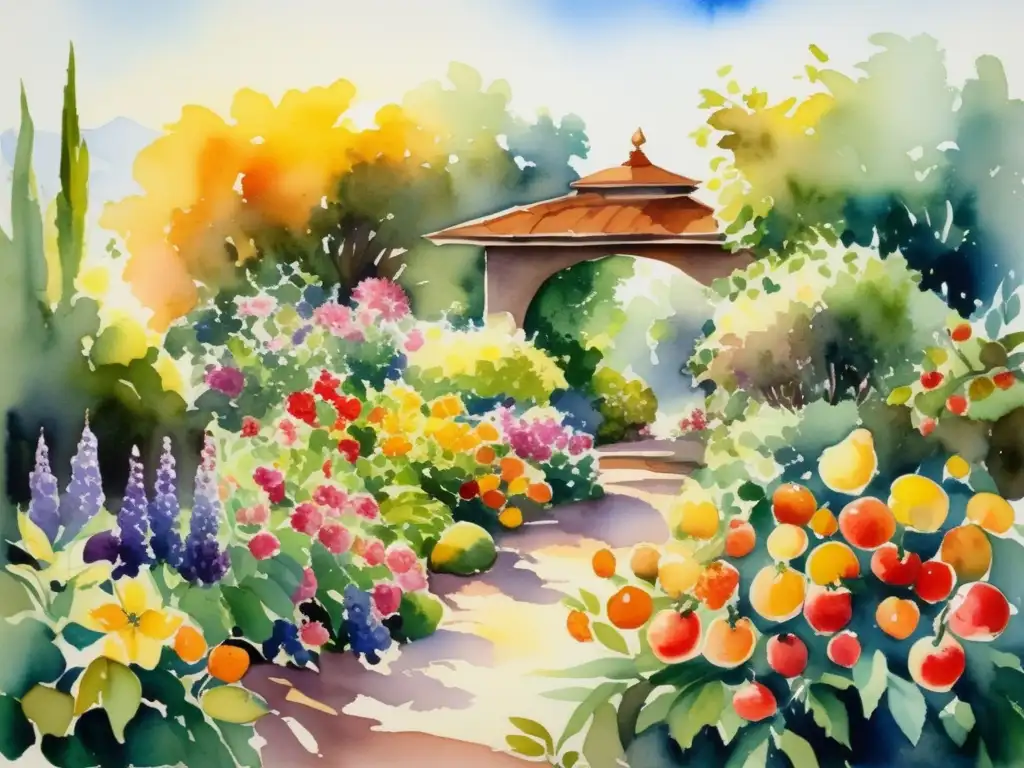 Pintura acuarela: jardín vibrante con flores y frutas - Importancia histórica de las flores y frutas en la pintura