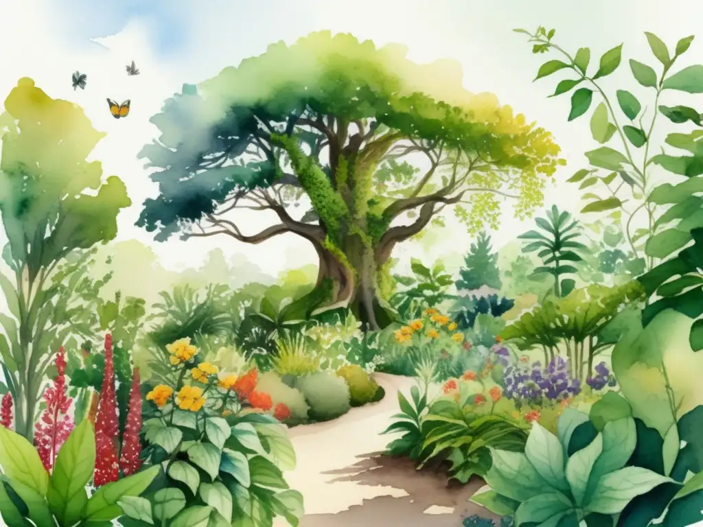 Ilustración acuarela de jardín vibrante con mutualismo y adaptación, destacando importancia del mutualismo en plantas