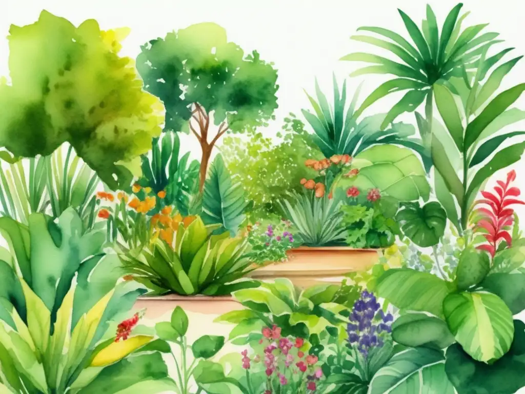 Jardín verde exuberante con plantas diversas: 