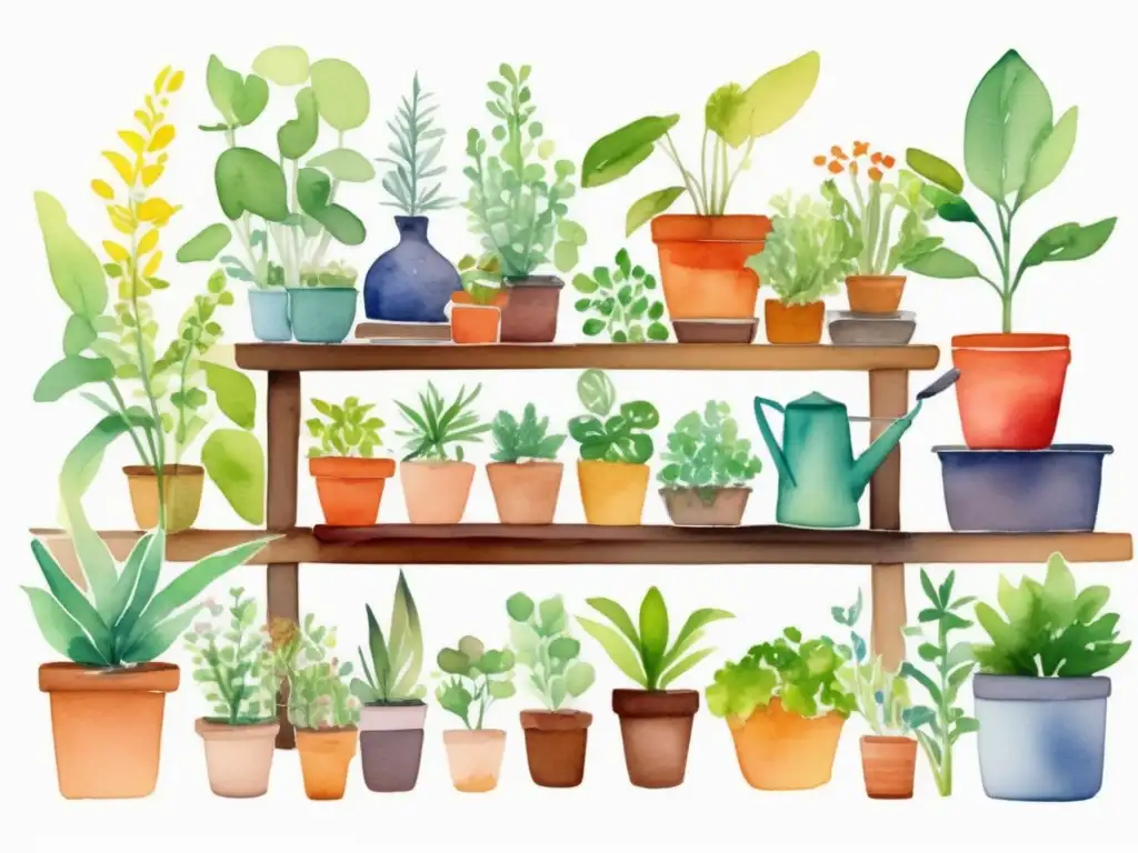 Jardín exuberante: propagación y herramientas Ilustración acuarela vibrante de jardín exuberante con variedad de plantas en distintas etapas de propagación