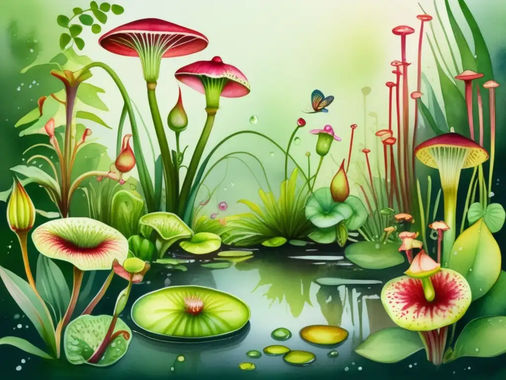 Jardín de plantas carnívoras vibrante Mejores plantas carnívoras para jardines: ilustración acuarela de un exuberante jardín lleno de plantas carnívoras