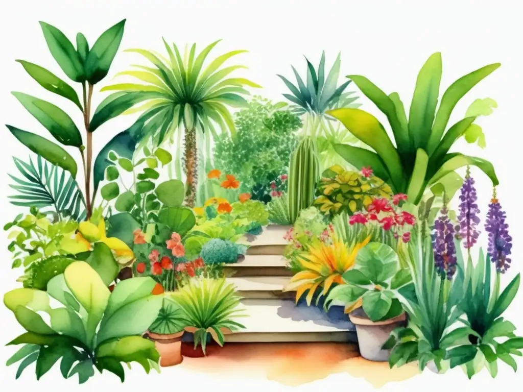 Jardín exuberante y técnicas de propagación Técnicas modernas propagación plantas: Jardín acuarela detallada muestra diversidad de especies y técnicas de esquejes de tallo y hoja