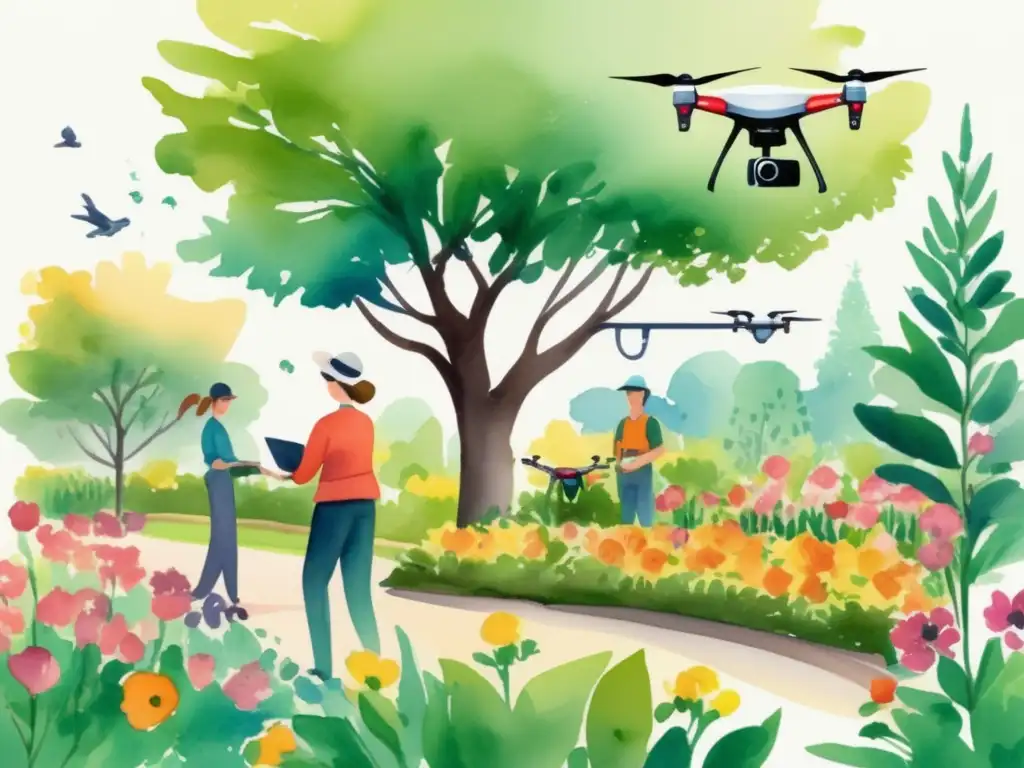 Beneficios de drones en jardinería: jardín vibrante con drones podando árboles y esparciendo semillas