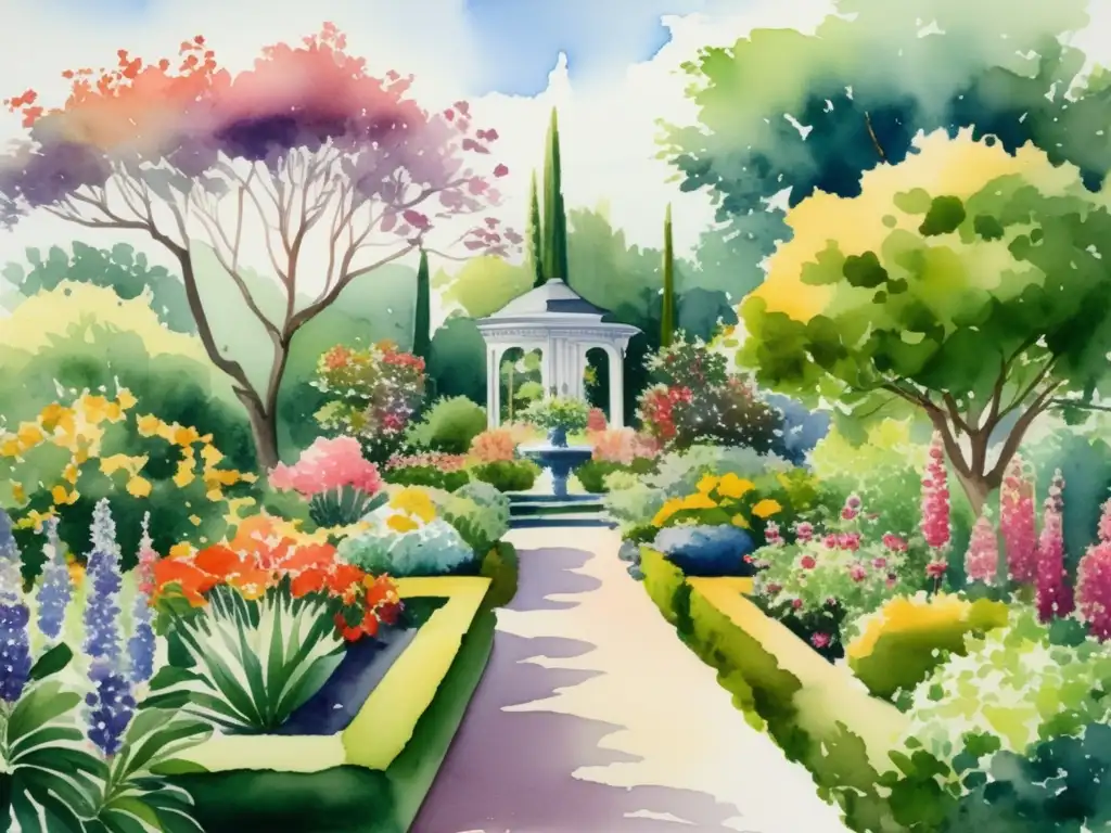 Un jardín ornamental vibrante con plantas de diversas alturas, colores y texturas