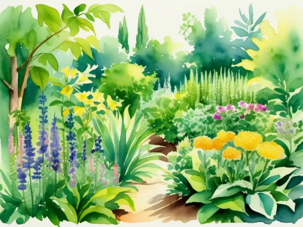 Beneficios medicinales de plantas: ilustración detallada de un exuberante jardín herbal con plantas medicinales etiquetadas y beneficios destacados