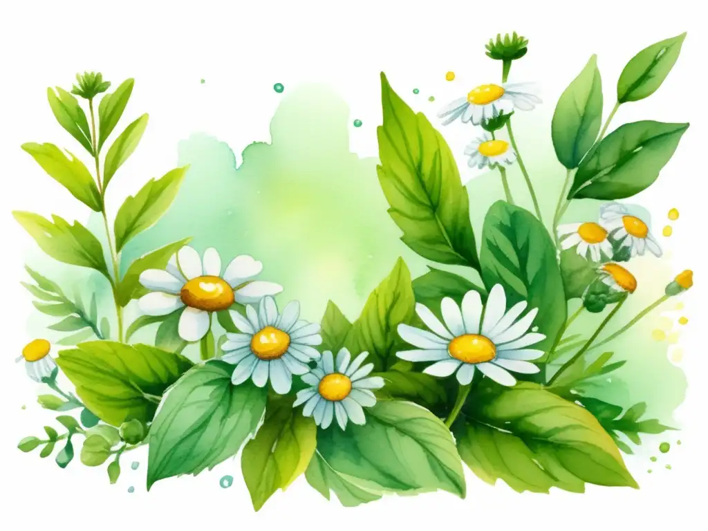 Beneficios plantas medicinales digestivas jardín herbal ilustración acuarela con hojas menta fresca, flores manzanilla y jengibre