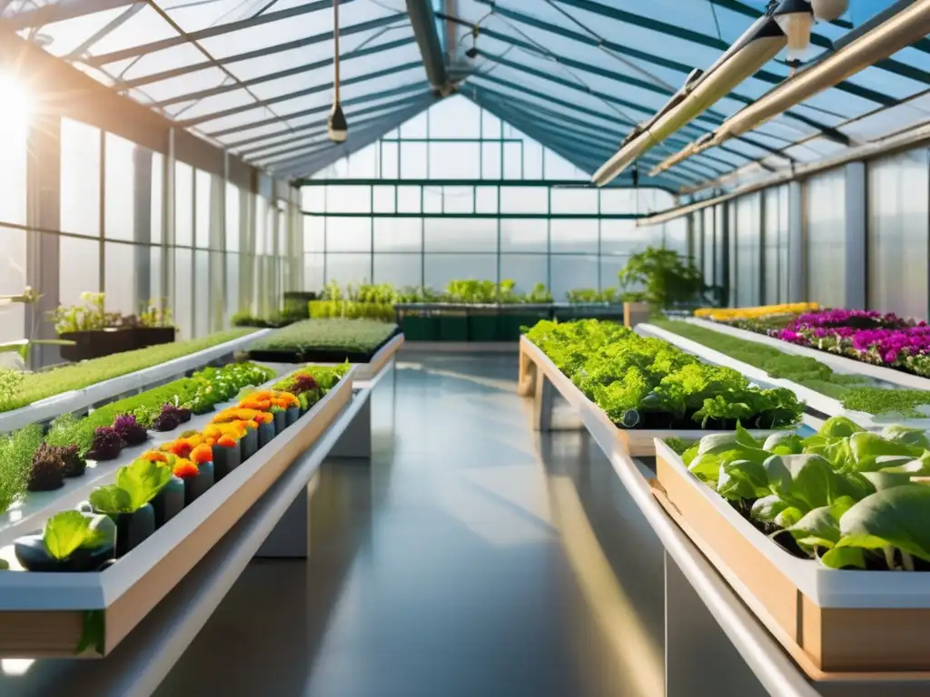 Hidroponía: Jardín vibrante con verduras, hierbas y flores en un moderno invernadero