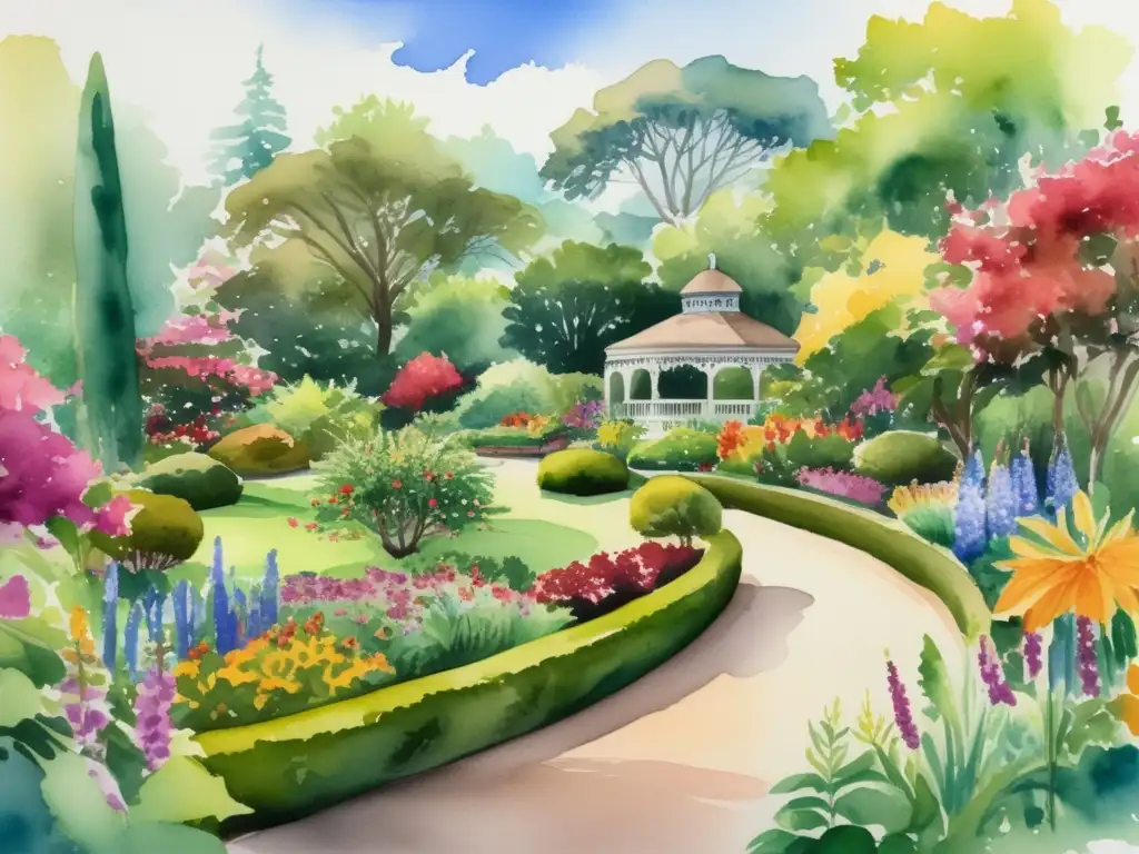 Influencia plantas autóctonas en jardines históricos: Jardín histórico con exuberante vegetación nativa, árboles majestuosos, flores coloridas y edificio emblemático