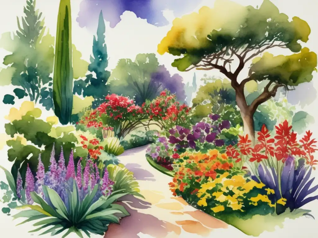 Influencia de plantas autóctonas en jardines históricos: Jardín histórico con diversidad de plantas nativas, colores vibrantes y elegante mansión