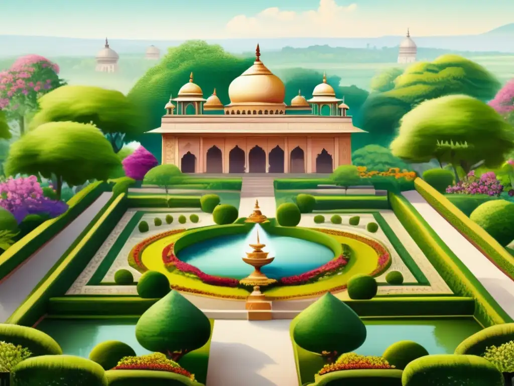 Diseño jardines históricos India: Detallada imagen de un exuberante jardín histórico en India, con colores vibrantes y detalles intrincados