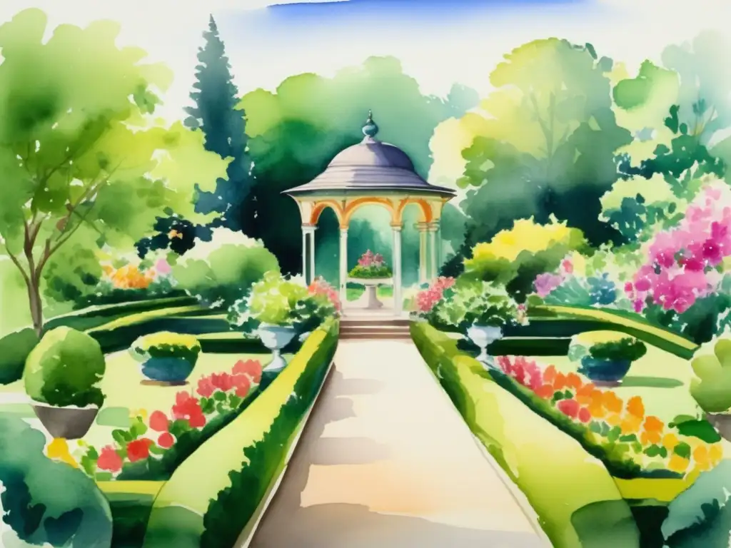 Pintura acuarela de jardín histórico con plantas ornamentales (110 caracteres)