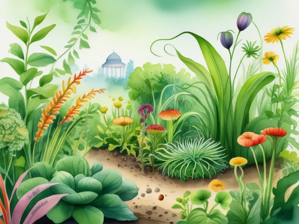 Ilustración 8k acuarela detallada de un vibrante jardín con plantas y nematodos interactuando