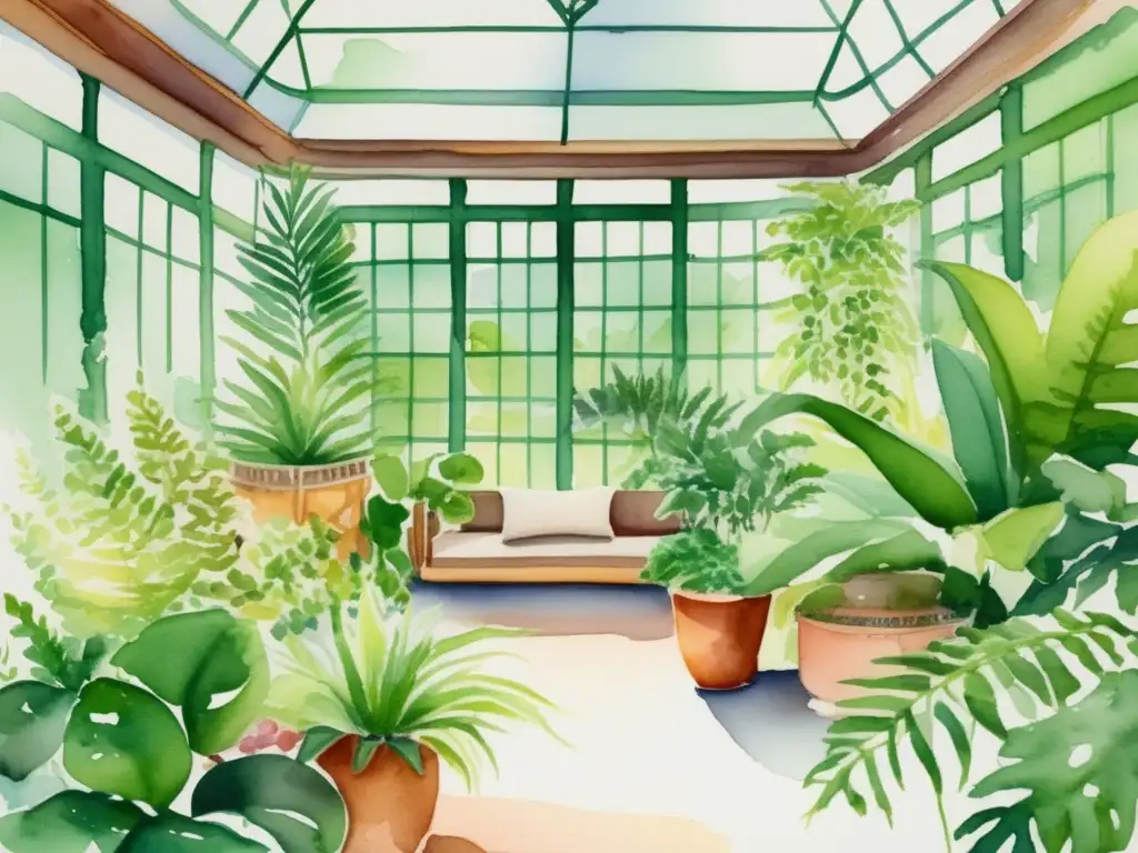 Pintura acuarela jardín interior: plantas ornamentales de bajo mantenimiento en vibrantes colores y armoniosa disposición