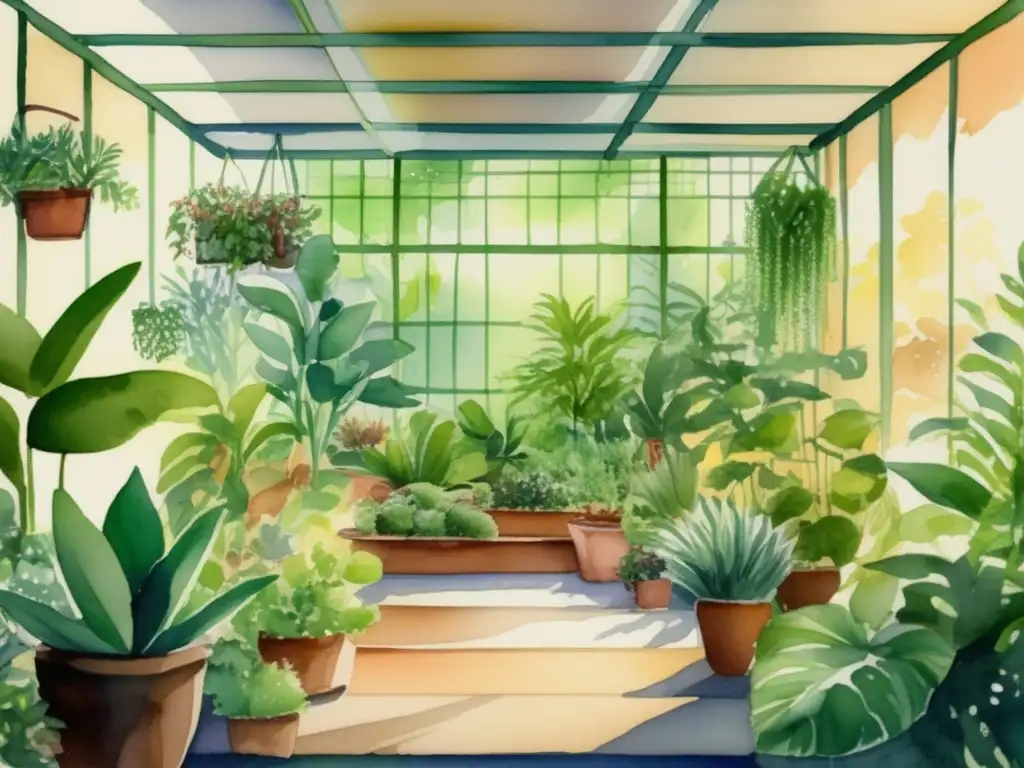 Jardín interior con plantas verdes: beneficios de la luz LED en jardinería