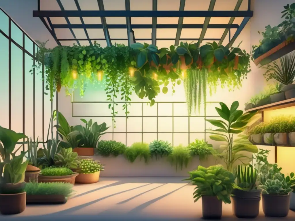 Beneficios LED en jardinería: Detallada pintura acuarela de un jardín interior iluminado por LED, con plantas verdes en crecimiento y luz cálida