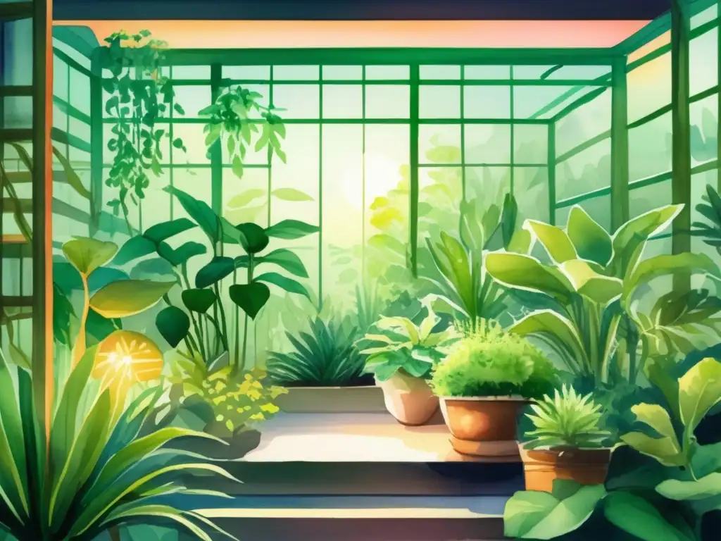 Beneficios LED para plantas: jardín interior exuberante iluminado con luces LED, destacando el crecimiento y la tranquilidad