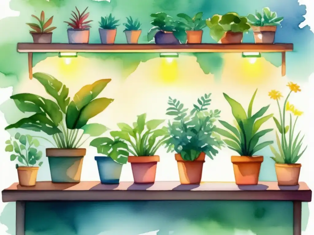 Beneficios LED para plantas: Jardín interior vibrante con luces LED, plantas exuberantes y colores ricos