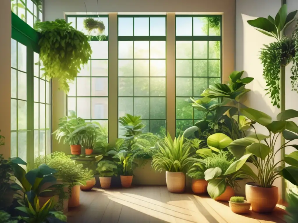 Jardín interior exuberante con plantas saludables y beneficios de la tecnología LED