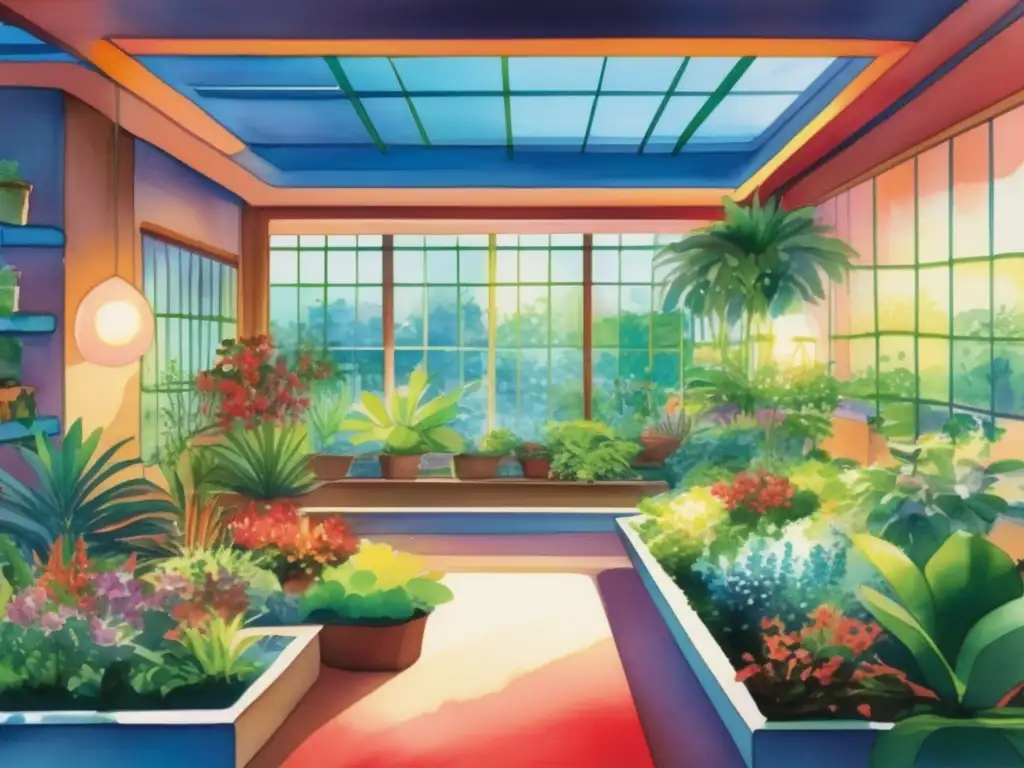 Beneficios luz LED en jardinería: Jardín interior iluminado con LED, plantas exuberantes y colores vibrantes