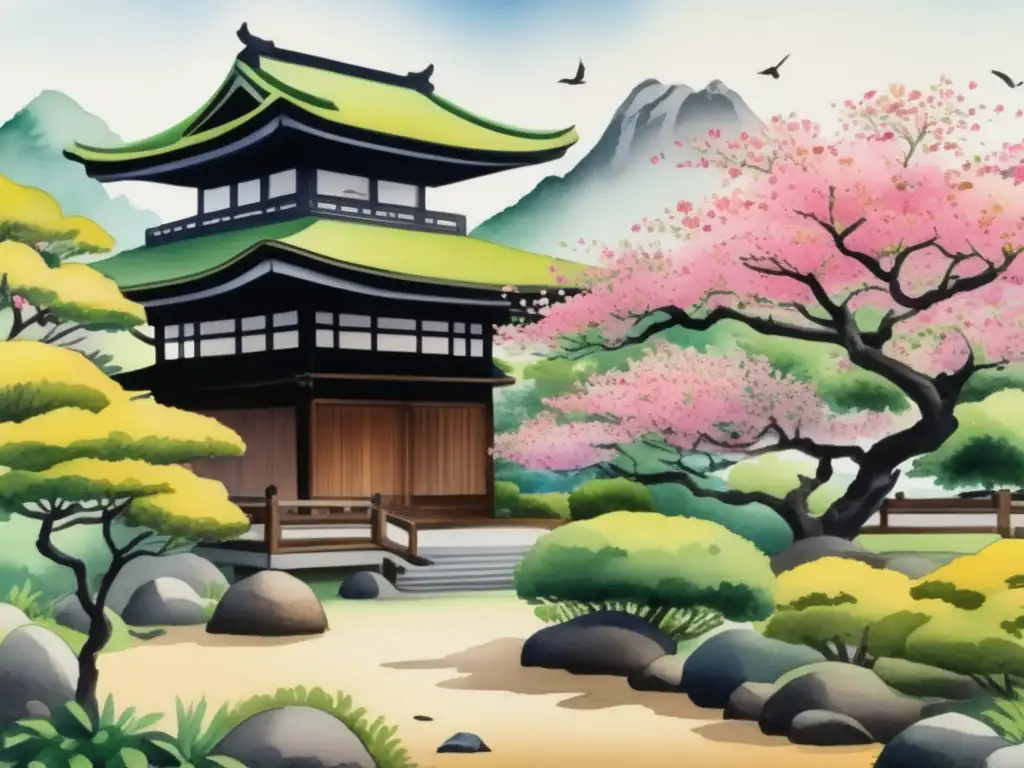 Jardín japonés con sakura y plantas medicinales japonesas