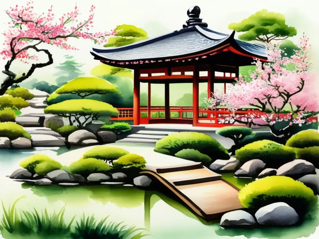 Un hermoso jardín de té japonés en plena floración de cerezos, con una casa de té tradicional y una ceremonia del té