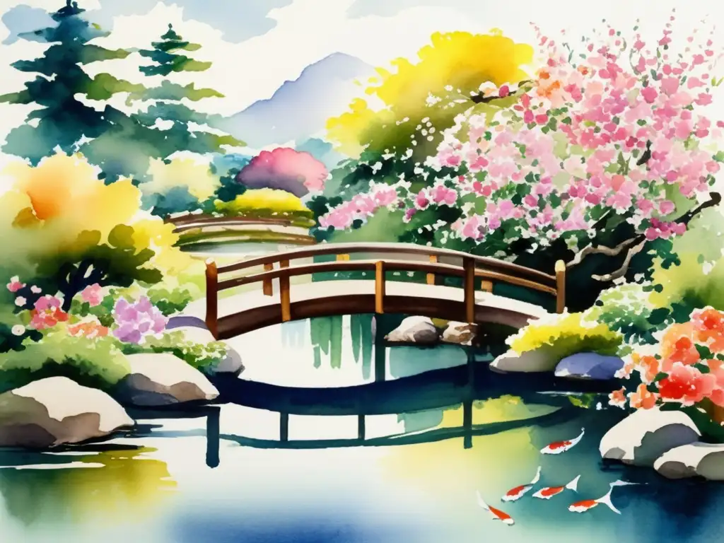 Pintura acuarela: Jardín japonés en primavera con flores, puente, estanque y casa de té - Jinsai japonés medicina tradicional