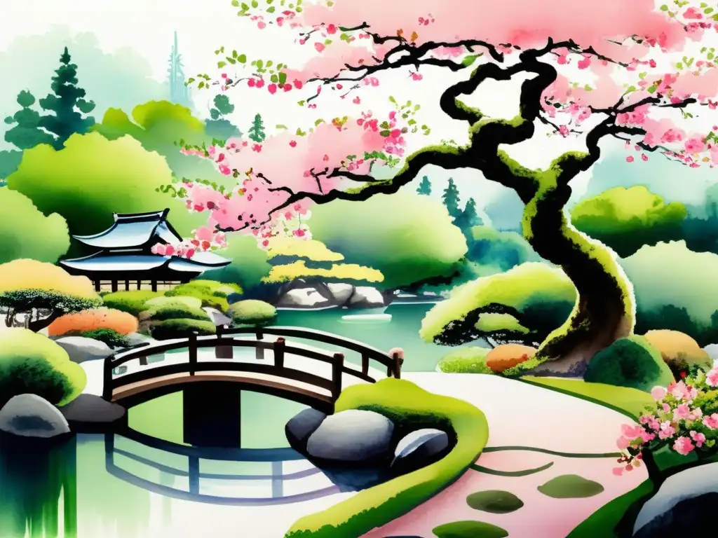 Jardín japonés con árbol de cerezo, bonsáis, chrysanthemums, peonía y significado simbólico de plantas japonesas