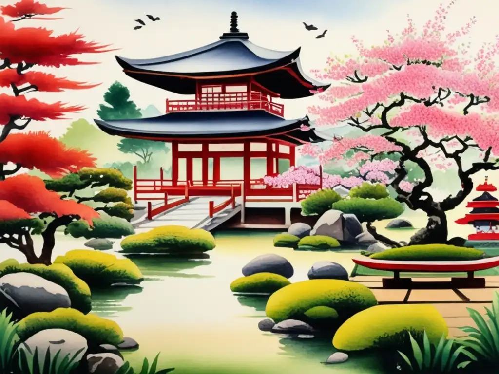 Pintura detallada de un jardín japonés sereno con plantas exuberantes y una pagoda roja