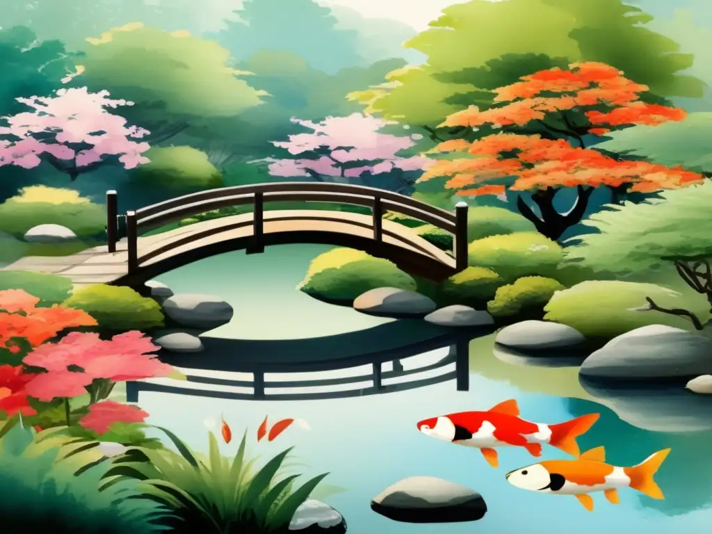 Beneficios del diseño paisajístico japonés: Jardín sereno con puente de madera, peces koi y árboles de cerezo en flor