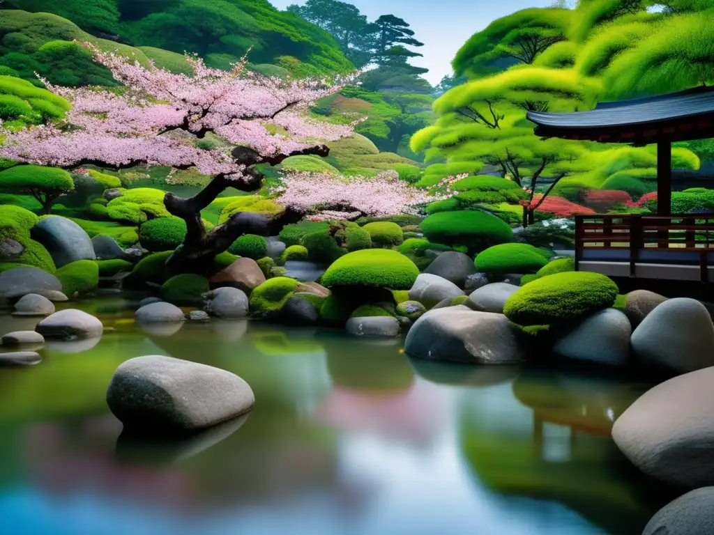 Jardín japonés sereno con estanque, árboles de cerezo en flor y diseño paisajístico que evoca paz y tranquilidad