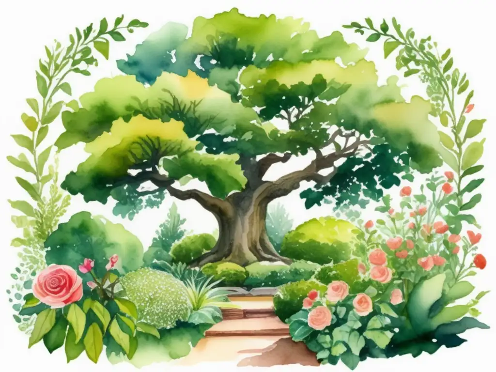Jardín literario vibrante y detallado Jardín literario con plantas clásicas, simbolismo y tranquilidad