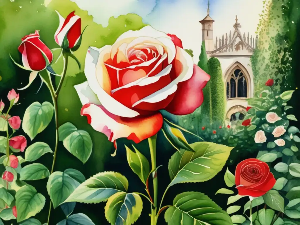 Jardín literario lleno de simbolismo Simbolismo plantas clásicas en jardín con rosas roja y blanca, lirio y más (110 caracteres)