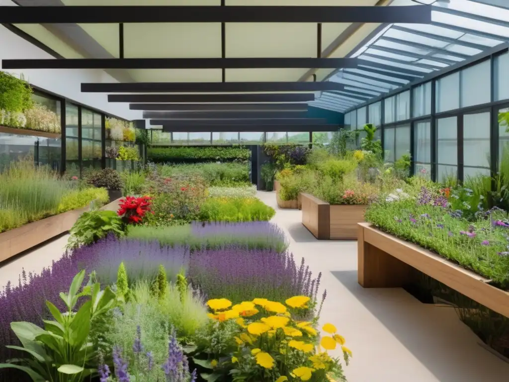 Jardín de plantas medicinales con hermosas flores y árboles, crea ambiente sereno y acogedor