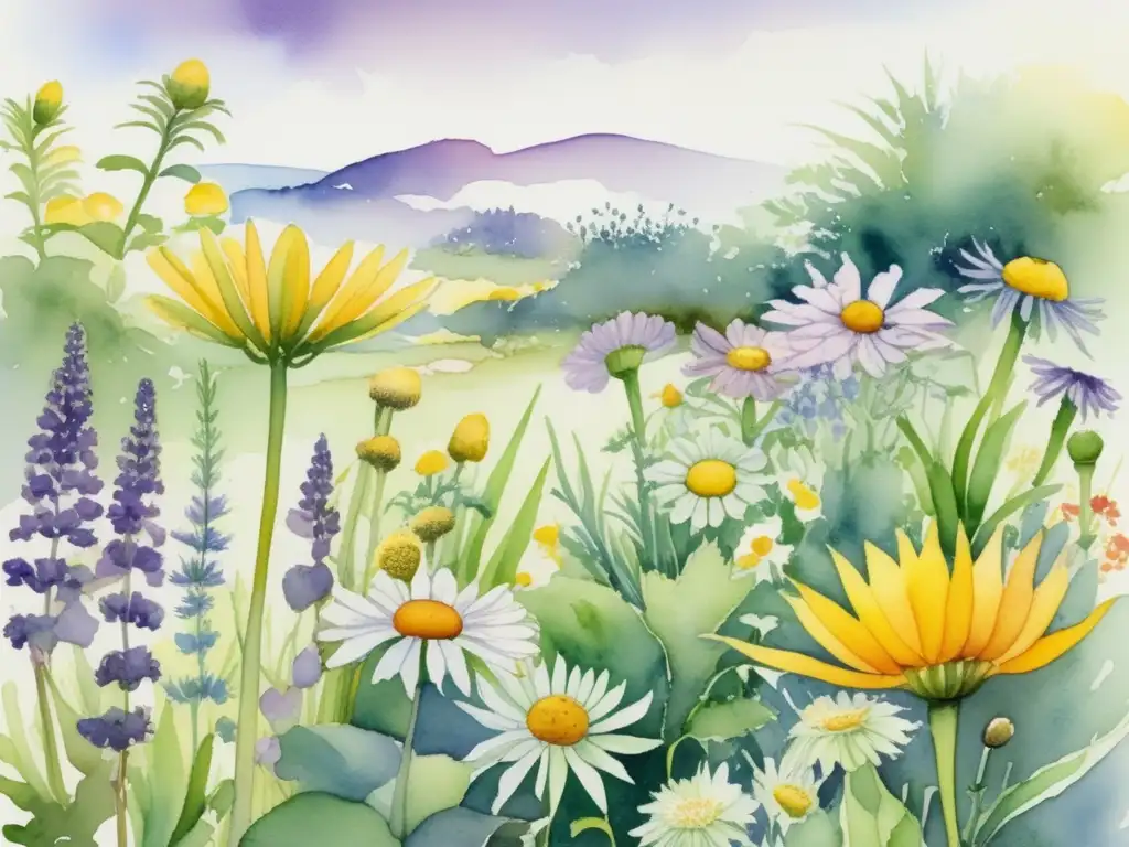 Jardín sereno con plantas medicinales Beneficios plantas medicinales postoperatorias en jardín sereno con colores vibrantes, detalles intricados y técnica acuarela