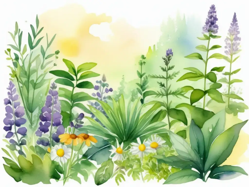 Ilustración acuarela de jardín sereno con plantas medicinales para salud mental