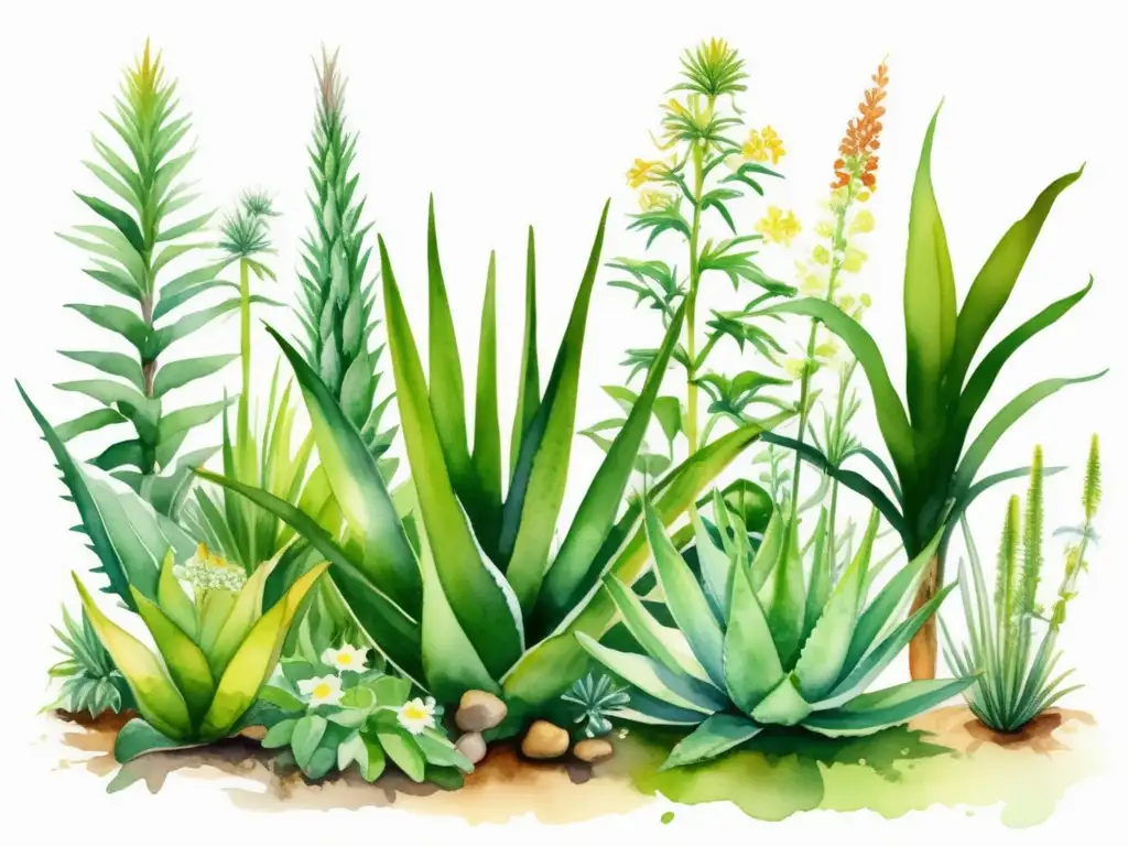 Beneficios plantas medicinales en exuberante ilustración acuarela de jardín vibrante con aloe vera, manzanilla y menta