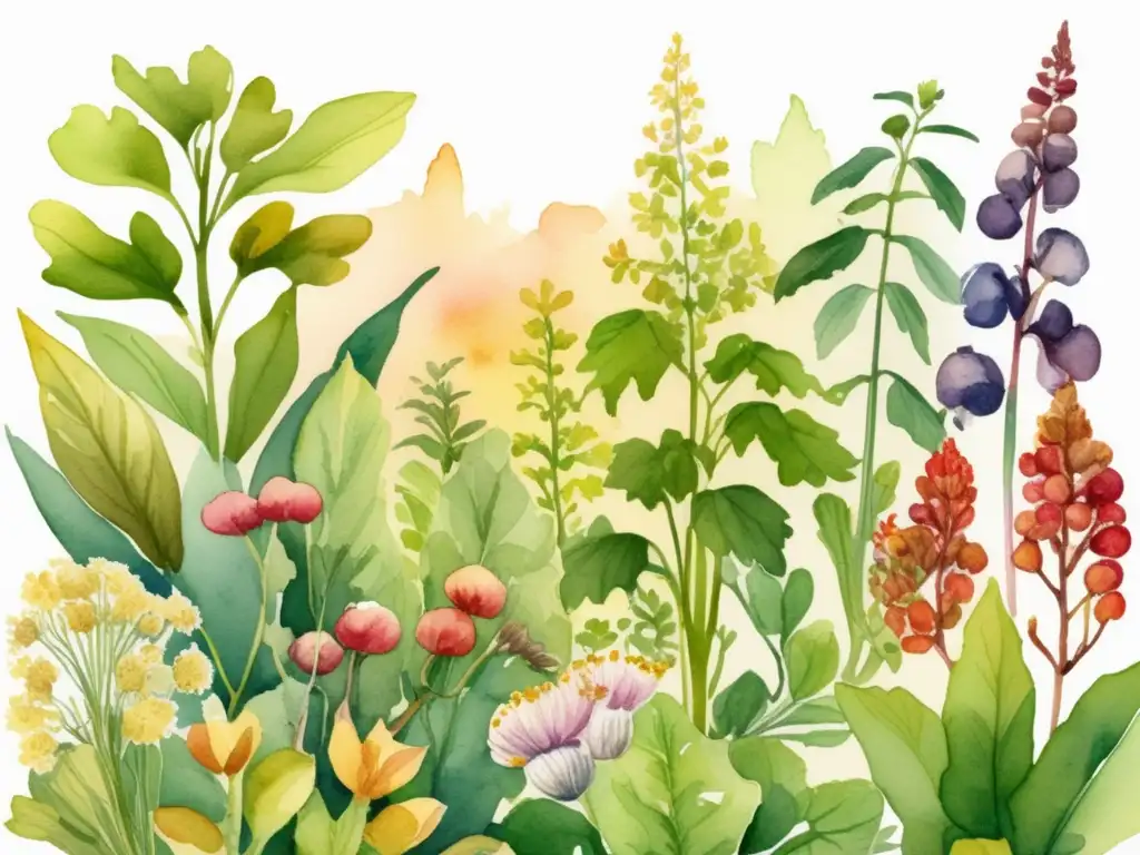 Ilustración acuarela de un jardín lleno de plantas medicinales cardiovasculares, con colores vibrantes y vida abundante