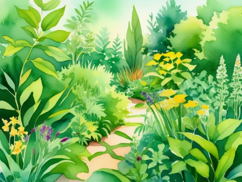 Beneficios plantas medicinales piel: ilustración acuarela vibrante de jardín exuberante con plantas medicinales, detalle y colores vivos