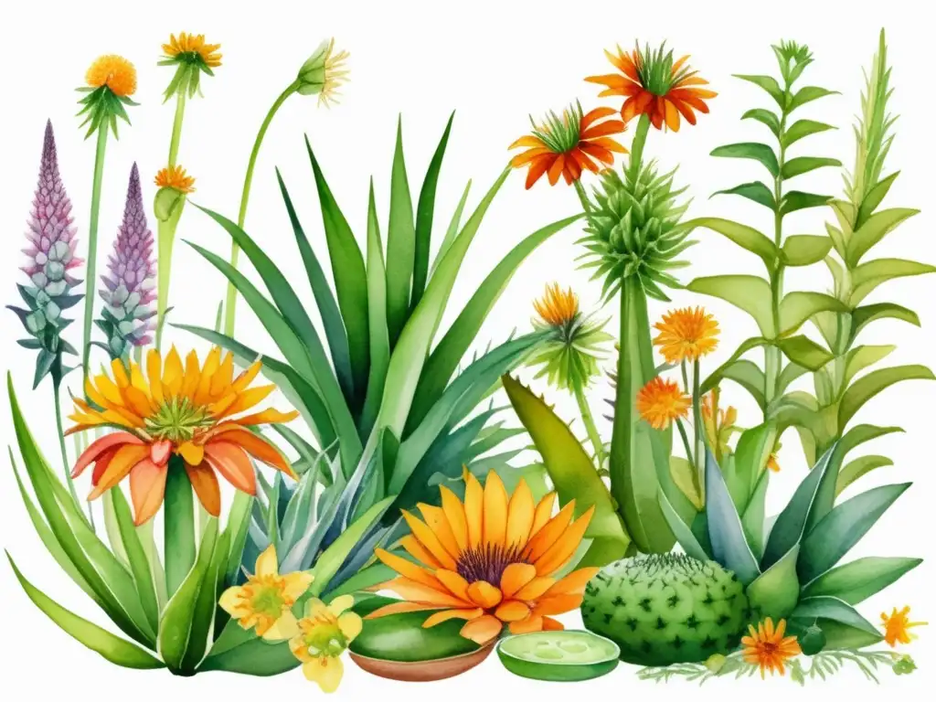 Beneficios de las plantas medicinales para la piel: Jardín vibrante con detalles acuarela de aloe vera, calendula y lavanda