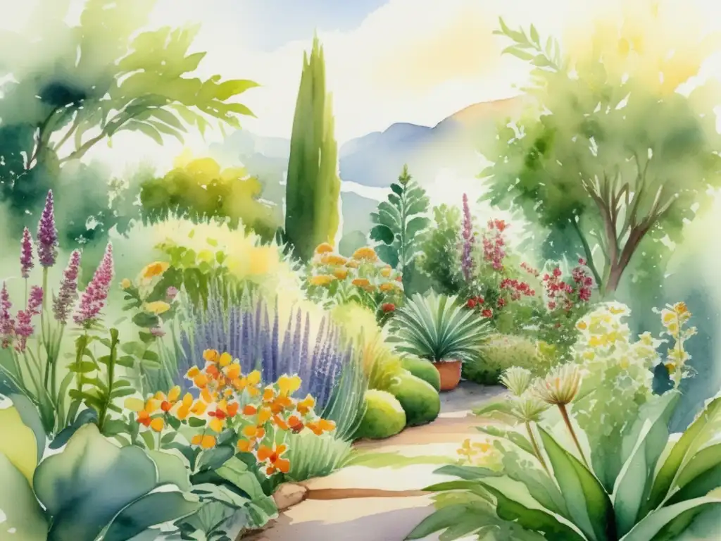 Jardín de plantas medicinales - Arte visual con colores vibrantes, detalle meticuloso y vida en movimiento